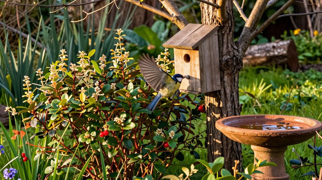 Oiseau en vol entrant dans une maison en bois fixée à un arbre dans un jardin fleuri au soleil.