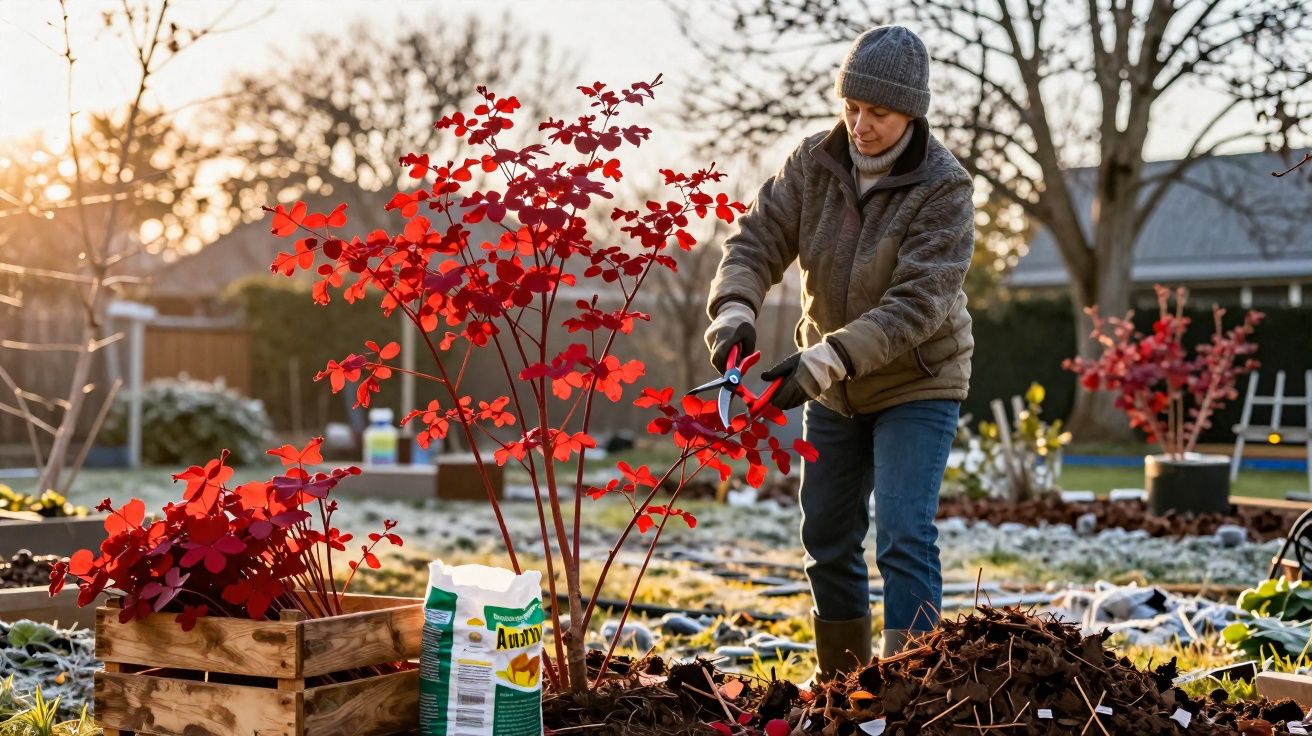Personne taillant des arbustes aux feuilles rouges dans un jardin en automne avec lumière dorée.