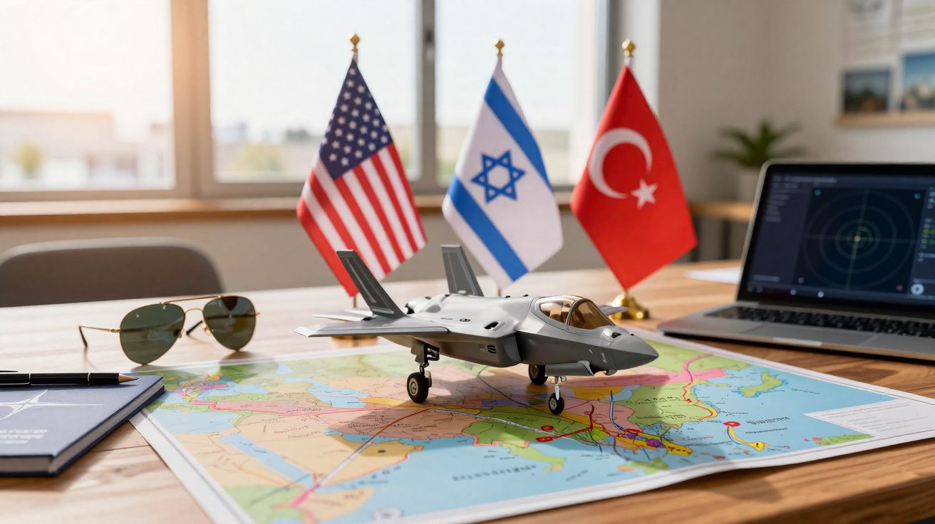 Maquette d'avion militaire sur une carte avec les drapeaux des États-Unis, d'Israël et de la Turquie en arrière-plan.