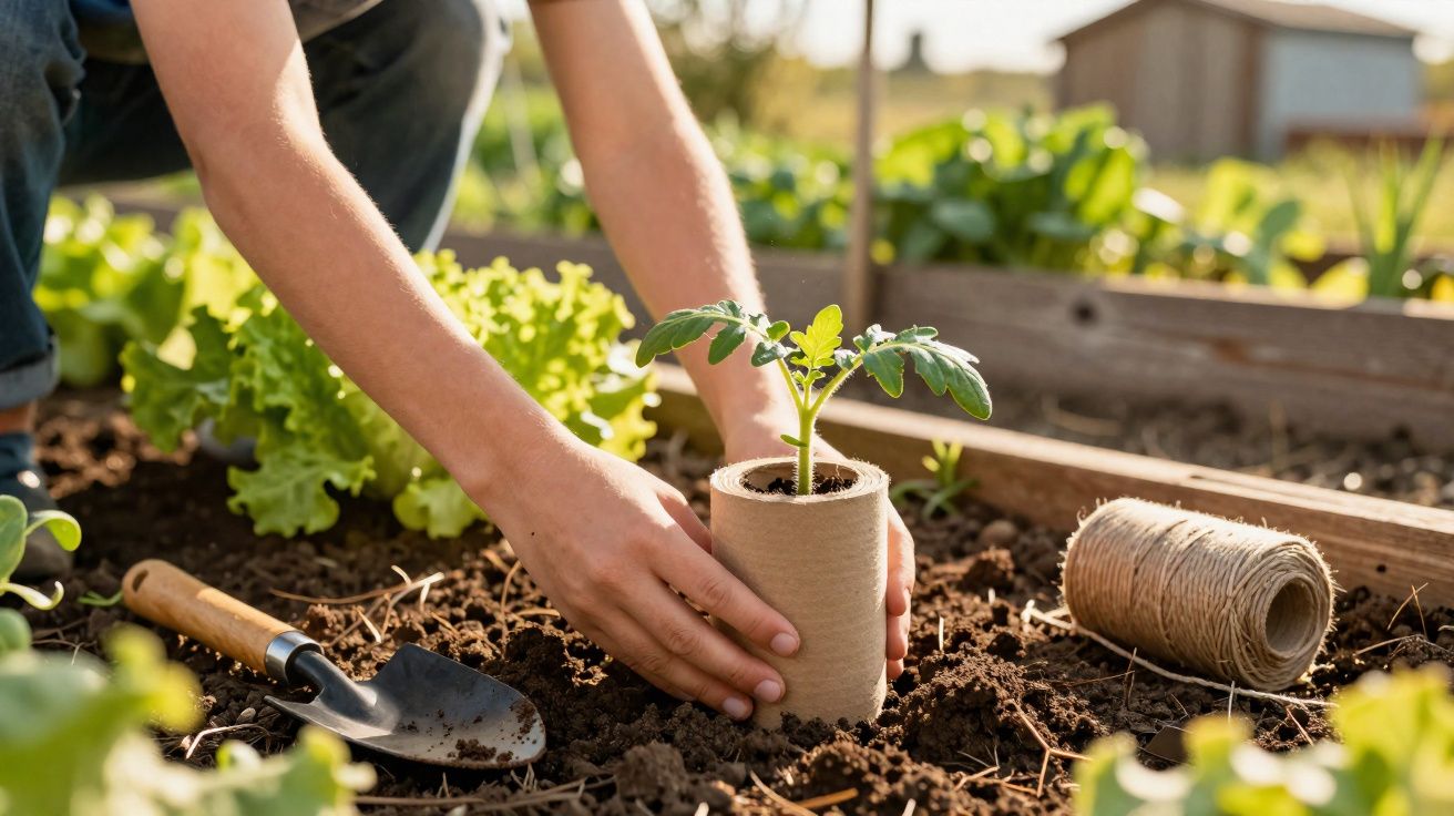 Deux mains plantent un jeune plant de tomate dans un pot biodégradable au jardin.