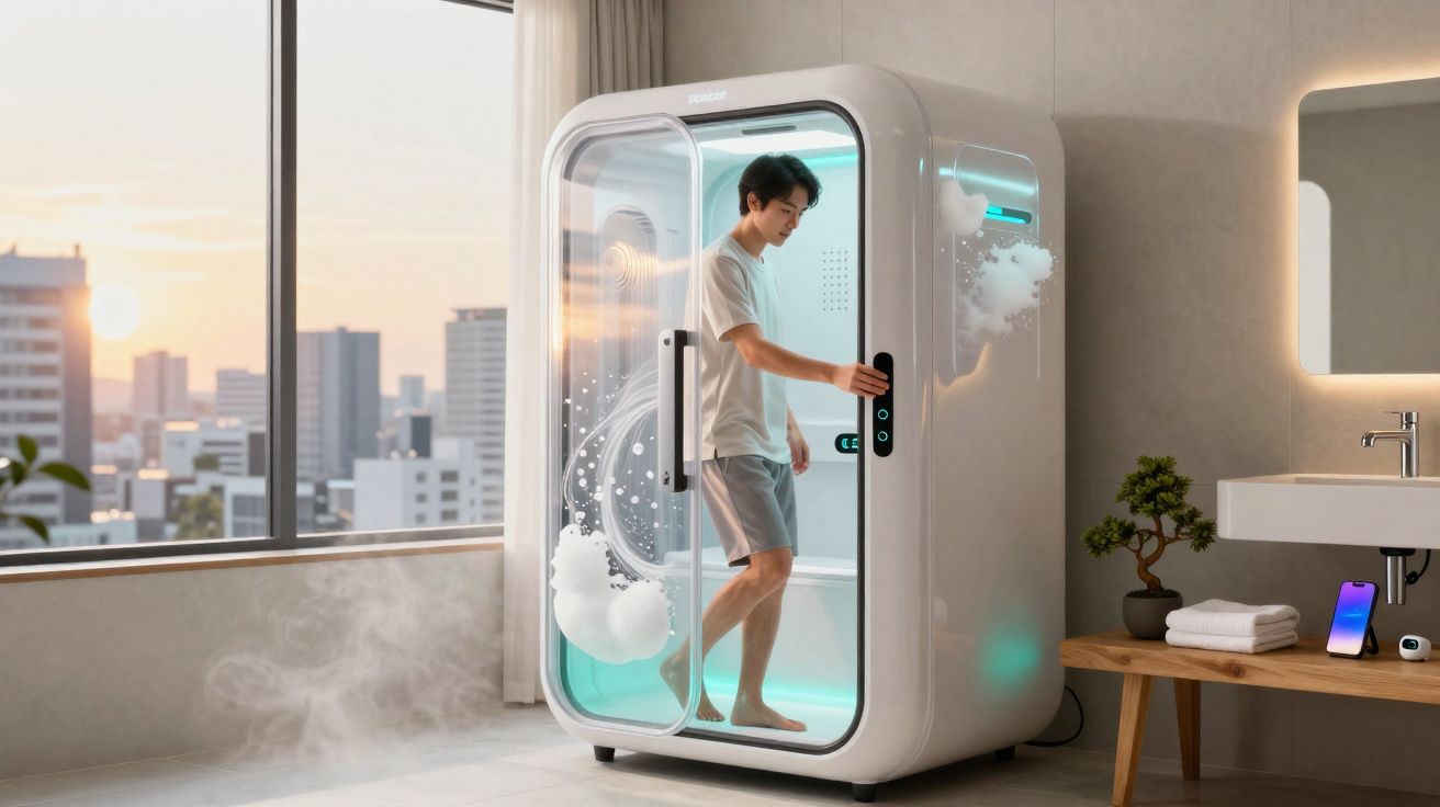 Homme en tenue décontractée utilisant une cabine de douche futuriste dans une salle de bain moderne.