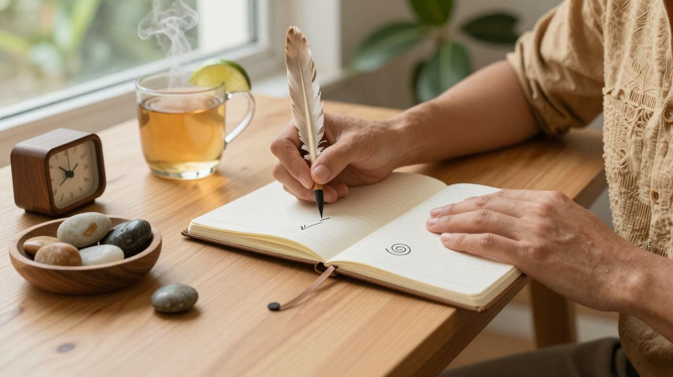 Personne écrivant avec un stylo plume en plume dans un carnet ouvert sur une table en bois près d'une tasse de thé.