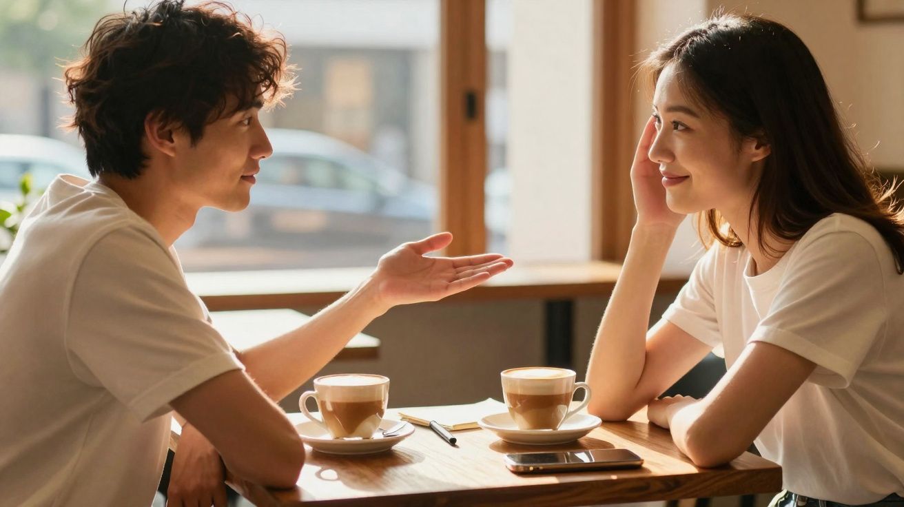 Deux jeunes souriant et discutant autour de tasses de café dans un café lumineux au soleil.