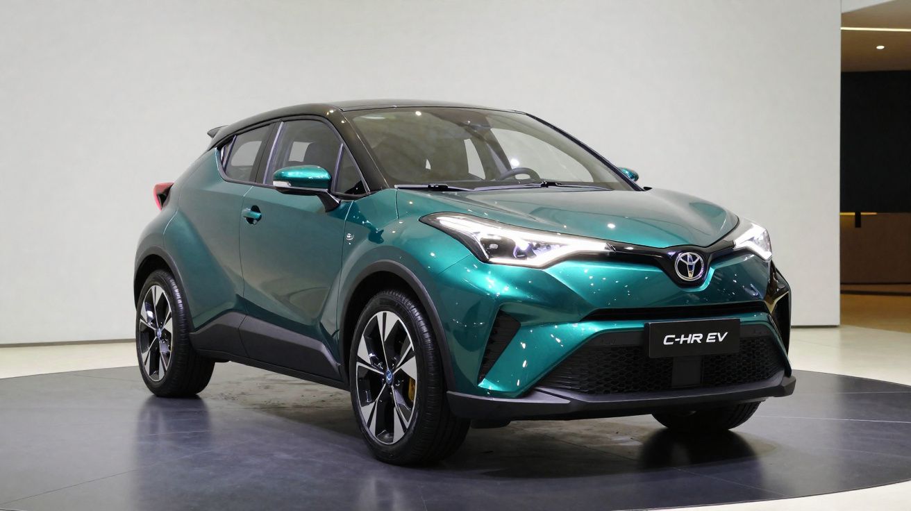 Voiture électrique Toyota C-HR EV verte exposée en intérieur sur plateforme rotative, vue avant droite.