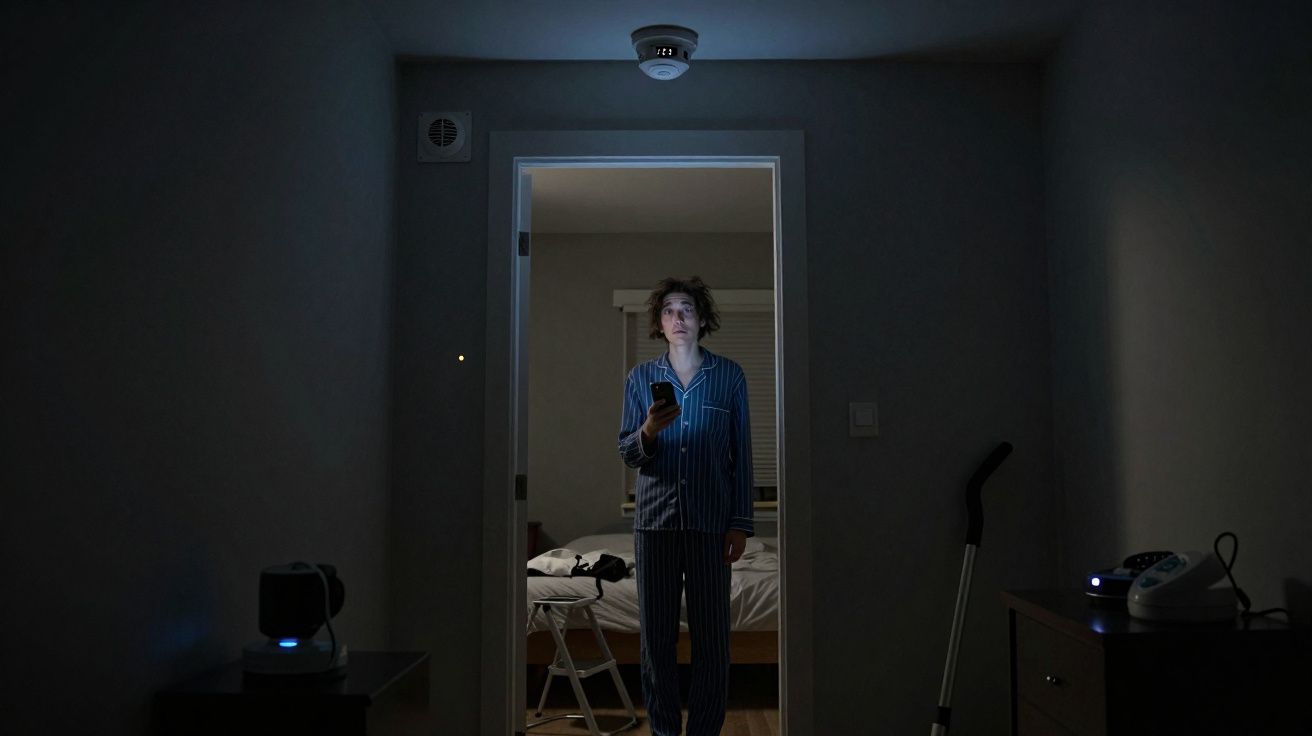 Personne en pyjama rayé debout dans une porte, éclairée par un téléphone dans une chambre sombre.