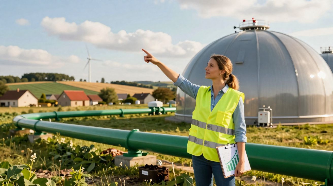 Femme en gilet jaune pointant vers un digesteur dans une centrale biomasse avec pipelines verts en campagne.