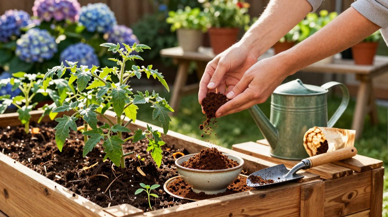 Mains versant de la terre dans un potager en carré avec plante de tomate, arrosoir et outils de jardinage.