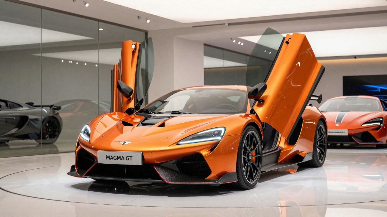 Voiture de sport orange McLaren Magma GT avec portes papillon ouvertes dans un showroom moderne.