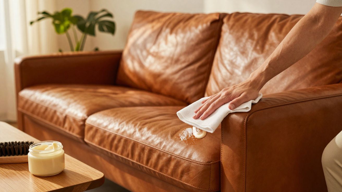 Main nettoyant un canapé en cuir marron avec un chiffon blanc et une crème d'entretien sur une table en bois.