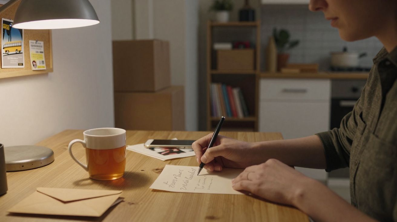 Personne écrivant une lettre à la main sur une table en bois avec une tasse et une enveloppe à proximité.