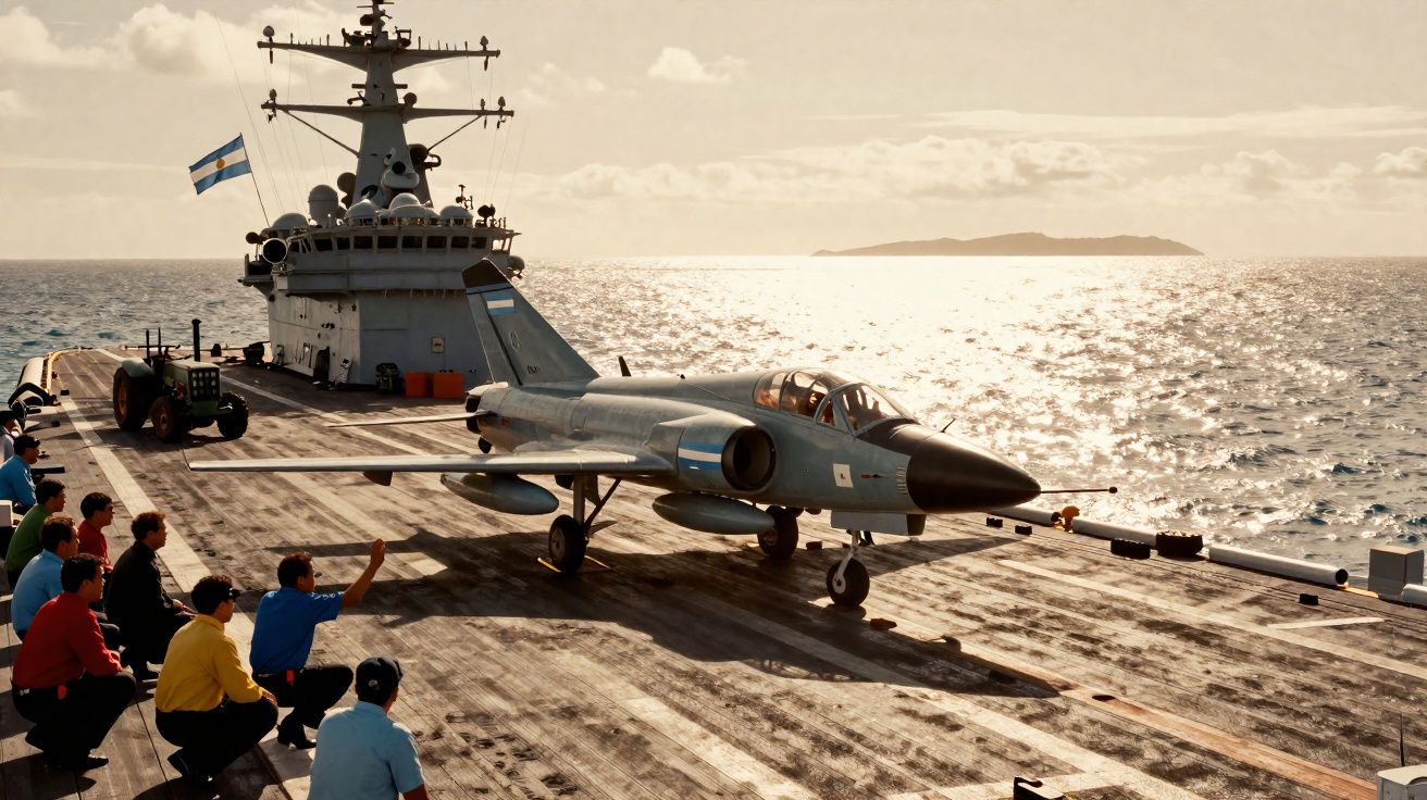 Porte-avions avec un avion de chasse sur le pont et des marins observant au coucher du soleil.