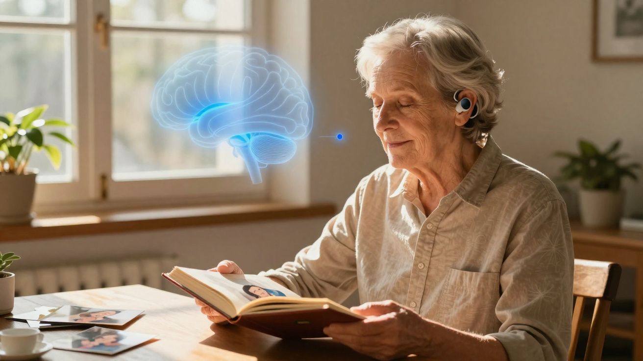 Personne âgée lisant un livre avec une oreillette, cerveau holographique flottant à côté d'elle.