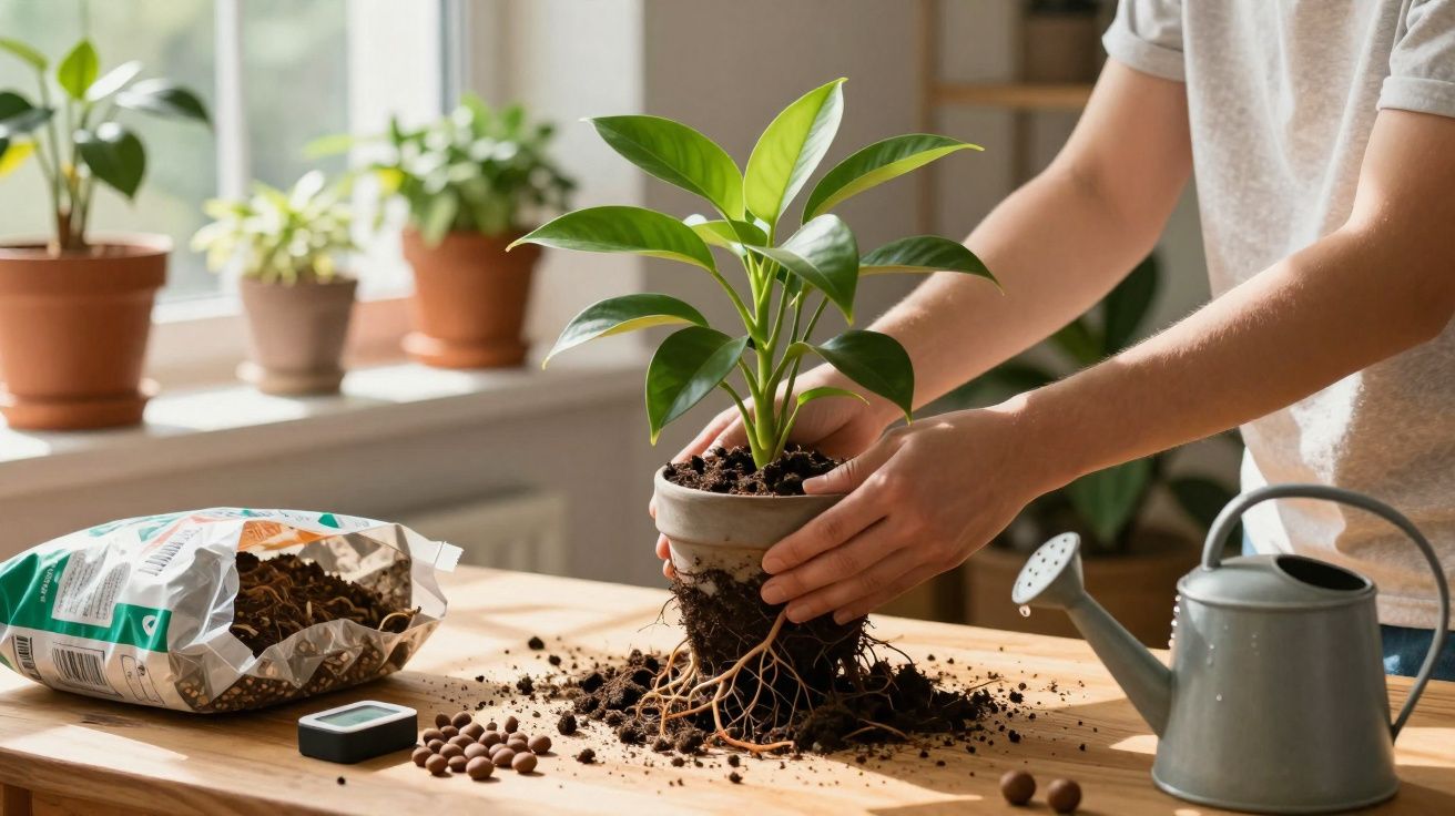 Personne rempotant une plante verte sur une table avec terre, billes d'argile et arrosoir.