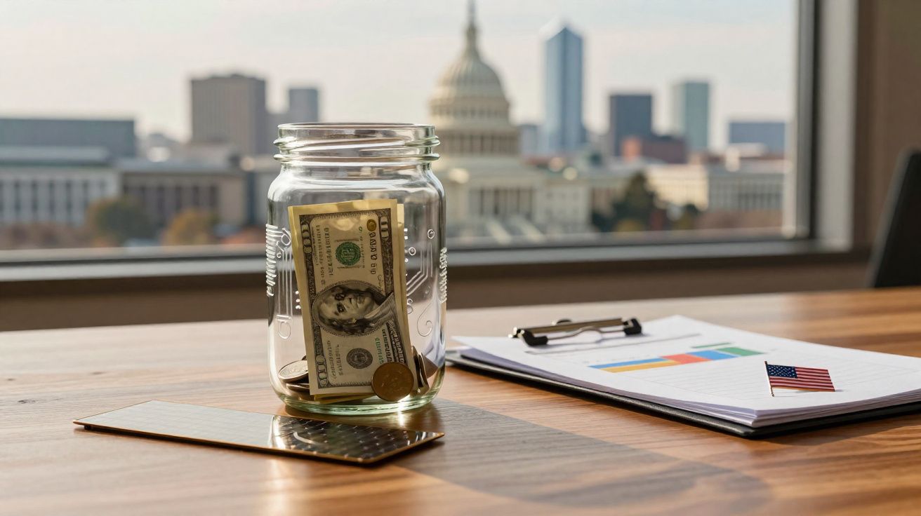 Pot en verre contenant des billets et pièces sur un bureau avec vue floue du Capitole et documents avec drapeau américain.