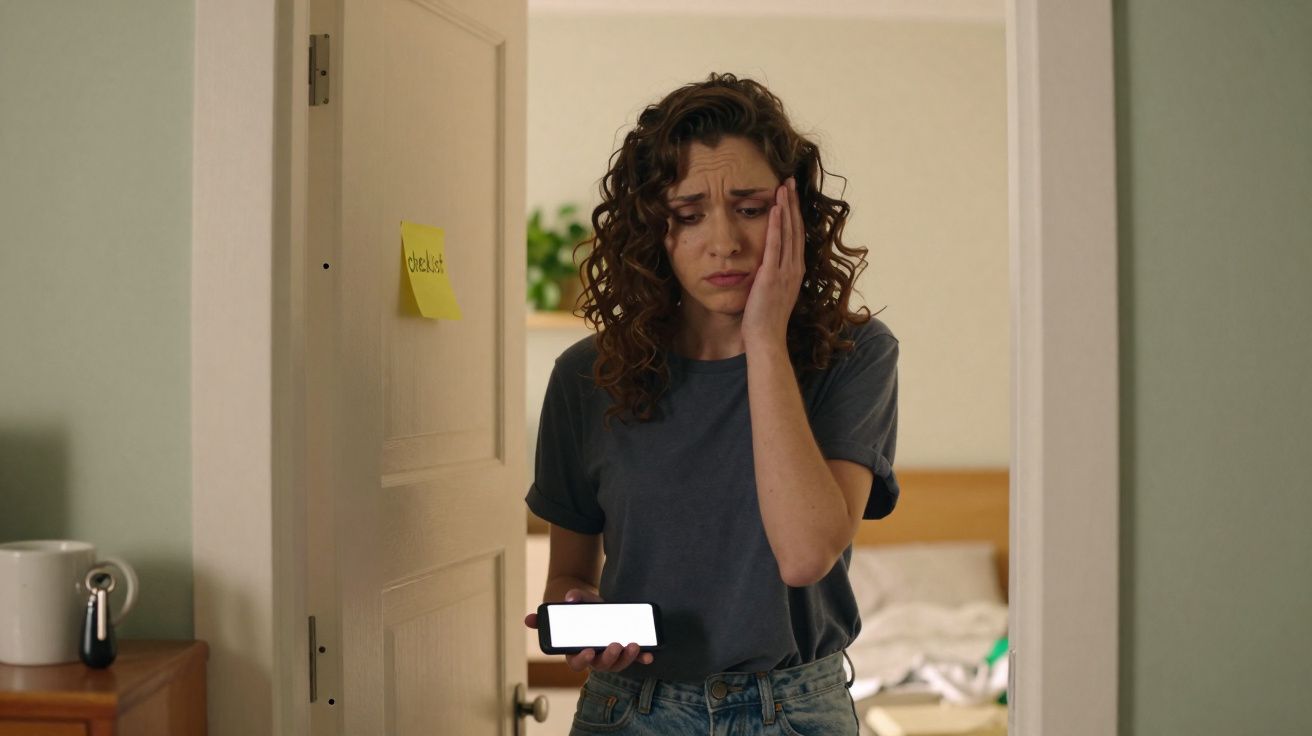 Jeune femme inquiète tenant un téléphone avec l'écran blanc, debout dans l'encadrement d'une porte ouverte.