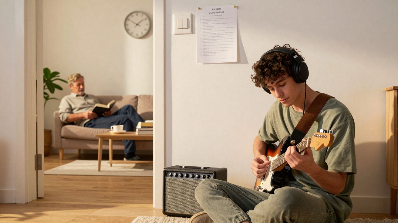 Un jeune homme assis au sol joue de la guitare électrique avec un casque, un homme âgé lit sur un canapé derrière.