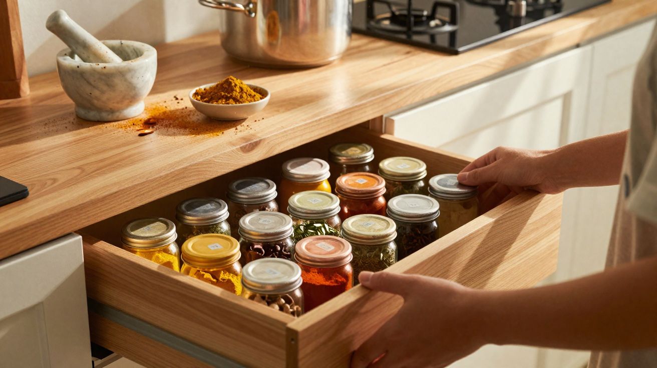 Main ouvrant un tiroir en bois contenant des bocaux de différentes épices dans une cuisine moderne.