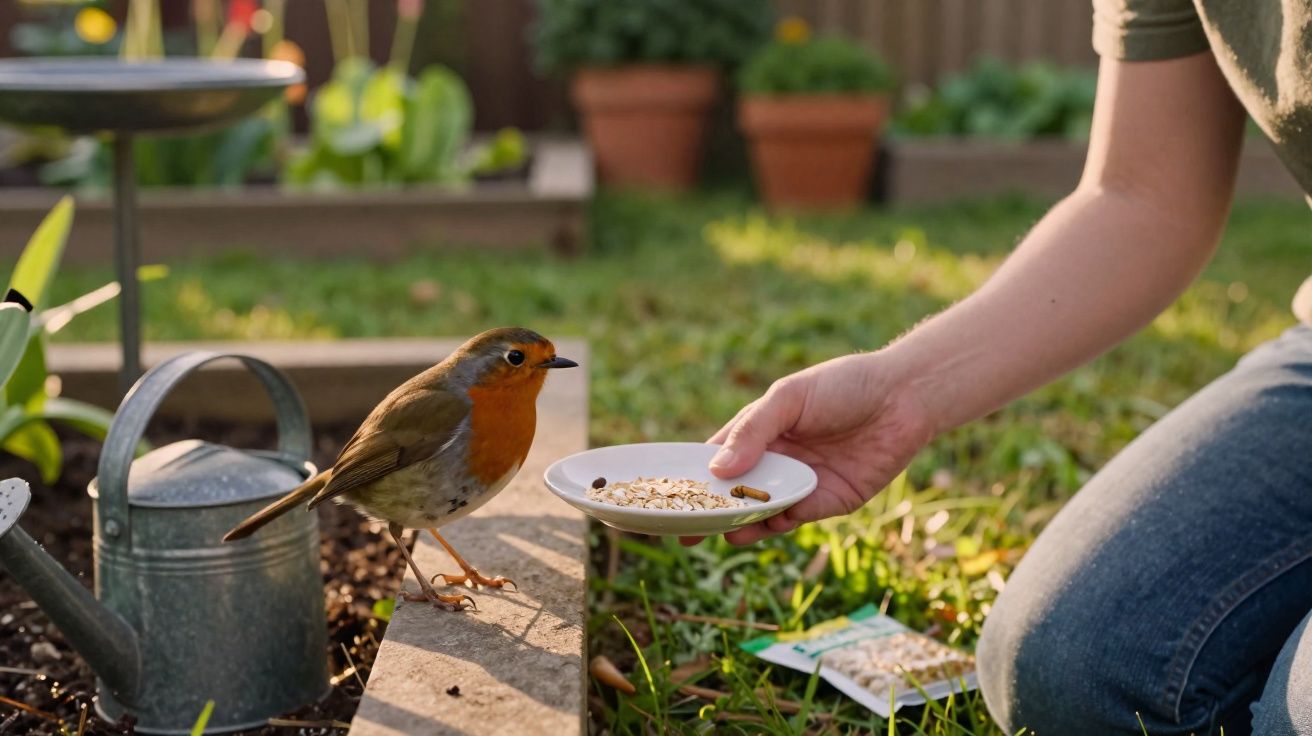 Un rouge-gorge picore des graines dans une assiette tenue par une personne dans un jardin.