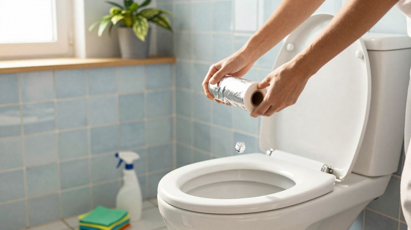 Personne jetant du papier aluminium dans des toilettes dans une salle de bain carrelée bleue.