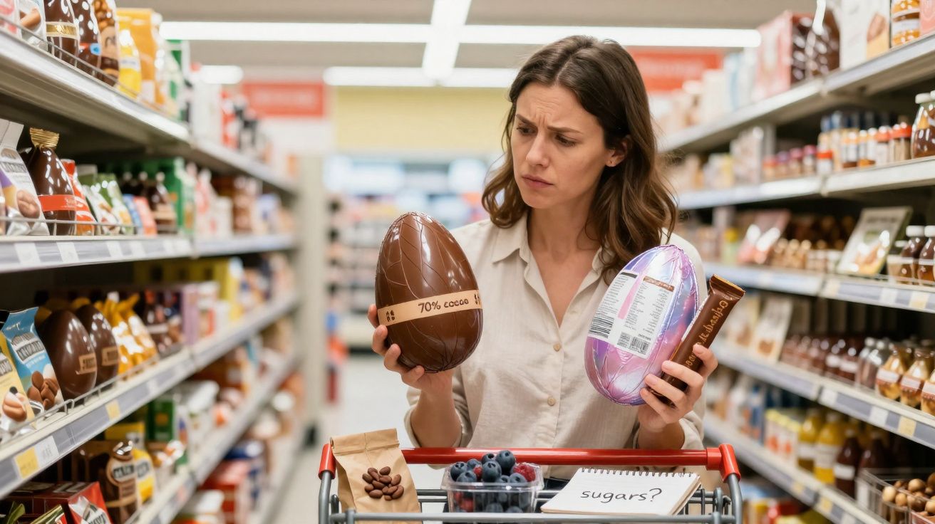 Femme hésitante choisissant entre deux œufs en chocolat dans une allée de supermarché.