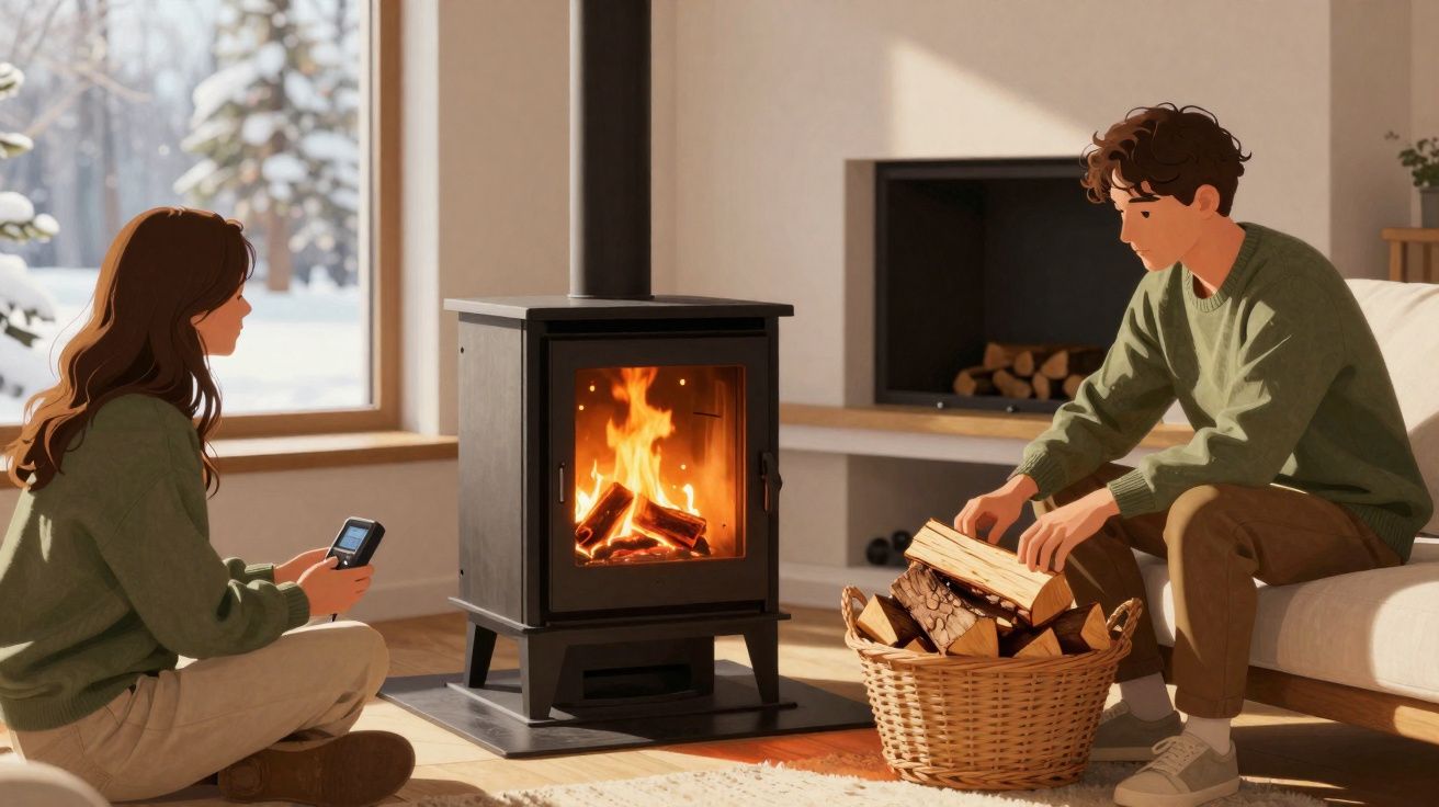 Jeune homme et femme près d’un poêle avec feu, bois dans un panier, intérieur chaleureux, vue sur neige dehors.