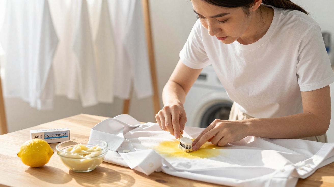 Femme utilisant une brosse pour nettoyer une tache jaune sur une chemise blanche posée sur une table en bois.
