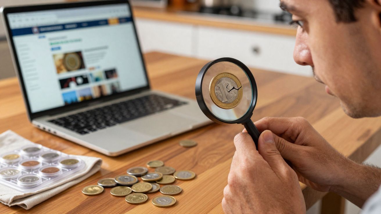 Homme examinant une pièce de monnaie avec une loupe, devant un ordinateur portable sur une table en bois.