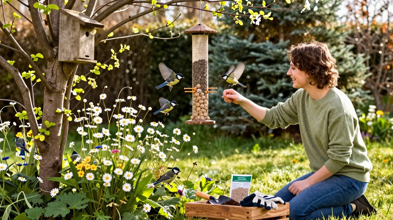 Une personne nourrit des mésanges avec un distributeur suspendu dans un jardin fleuri au printemps.