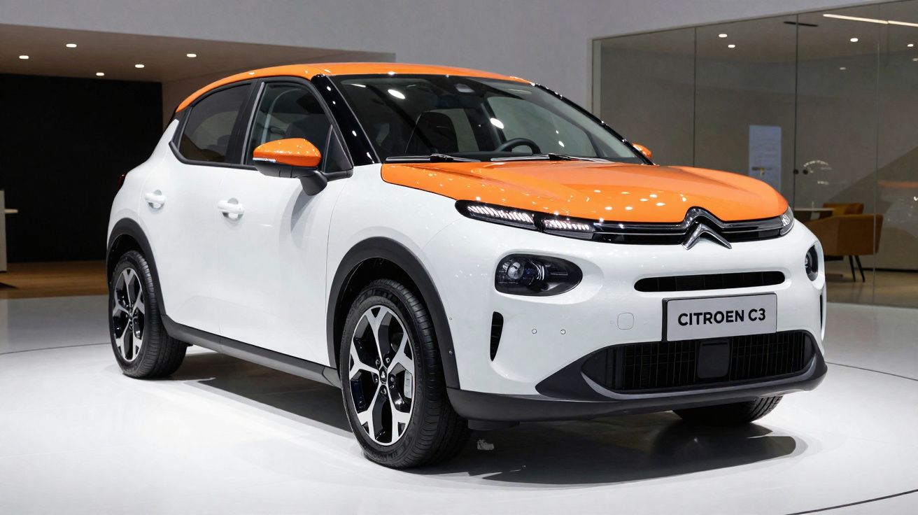 Voiture Citroën C3 blanche avec toit et rétroviseurs orange exposée en showroom moderne.