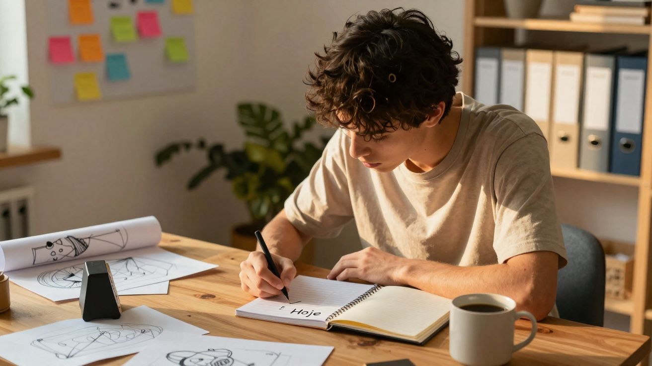 Jeune homme concentré écrivant dans un carnet à une table avec des dessins et une tasse de café.