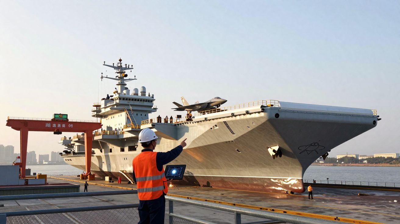 Porte-avions à quai avec un avion de chasse sur le pont, ingénieur en gilet orange et casque blanc au premier plan.