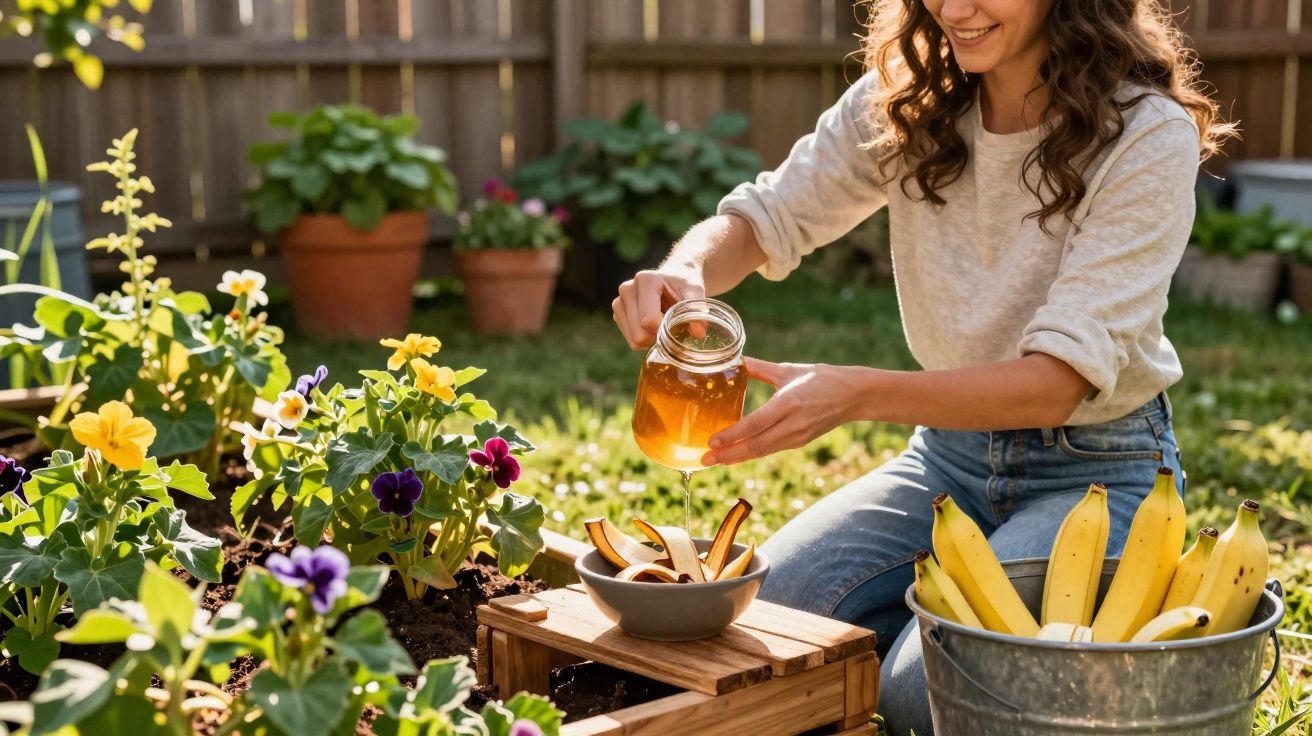 Femme verse du miel sur des quartiers de pomme dans un jardin ensoleillé avec des fleurs et un seau de bananes.