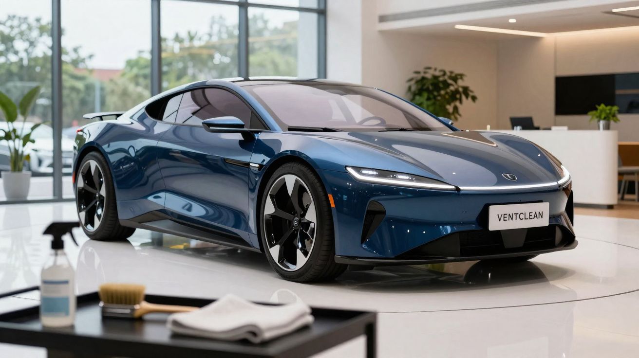 Voiture électrique sportive bleue exposée dans un showroom moderne et lumineux avec plantes d’intérieur.