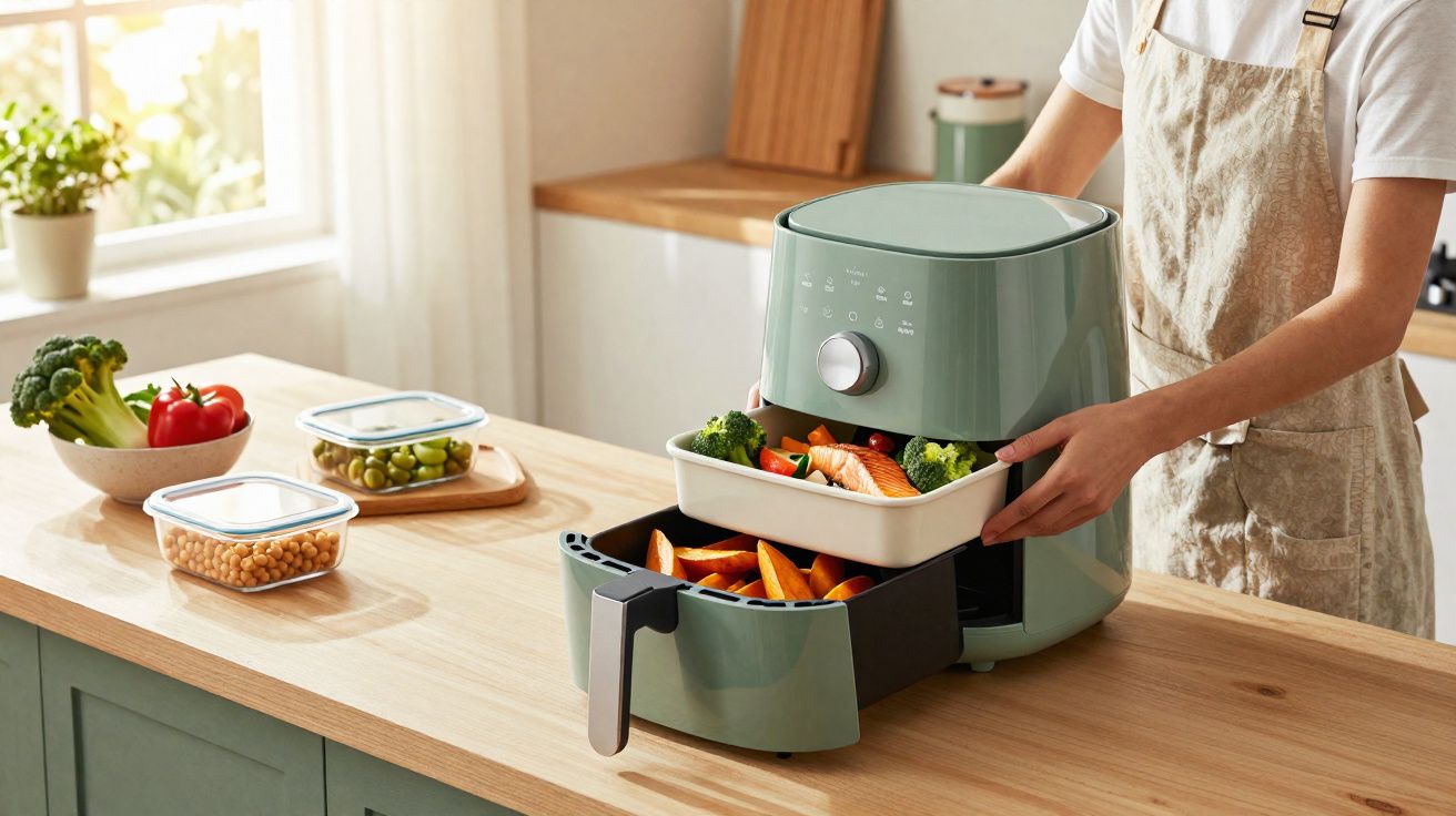 Personne utilisant une friteuse à air verte pour cuisiner des légumes frais dans une cuisine lumineuse.