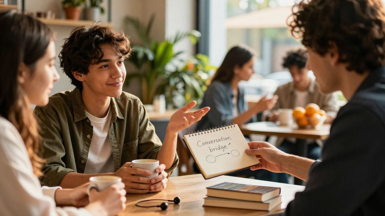 Jeunes discutant dans un café, un carnet avec le texte "Conversation bridge" au centre de la table.