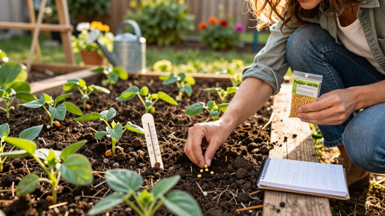 Personne plantant des graines de haricot dans un potager avec carnet de notes à proximité.