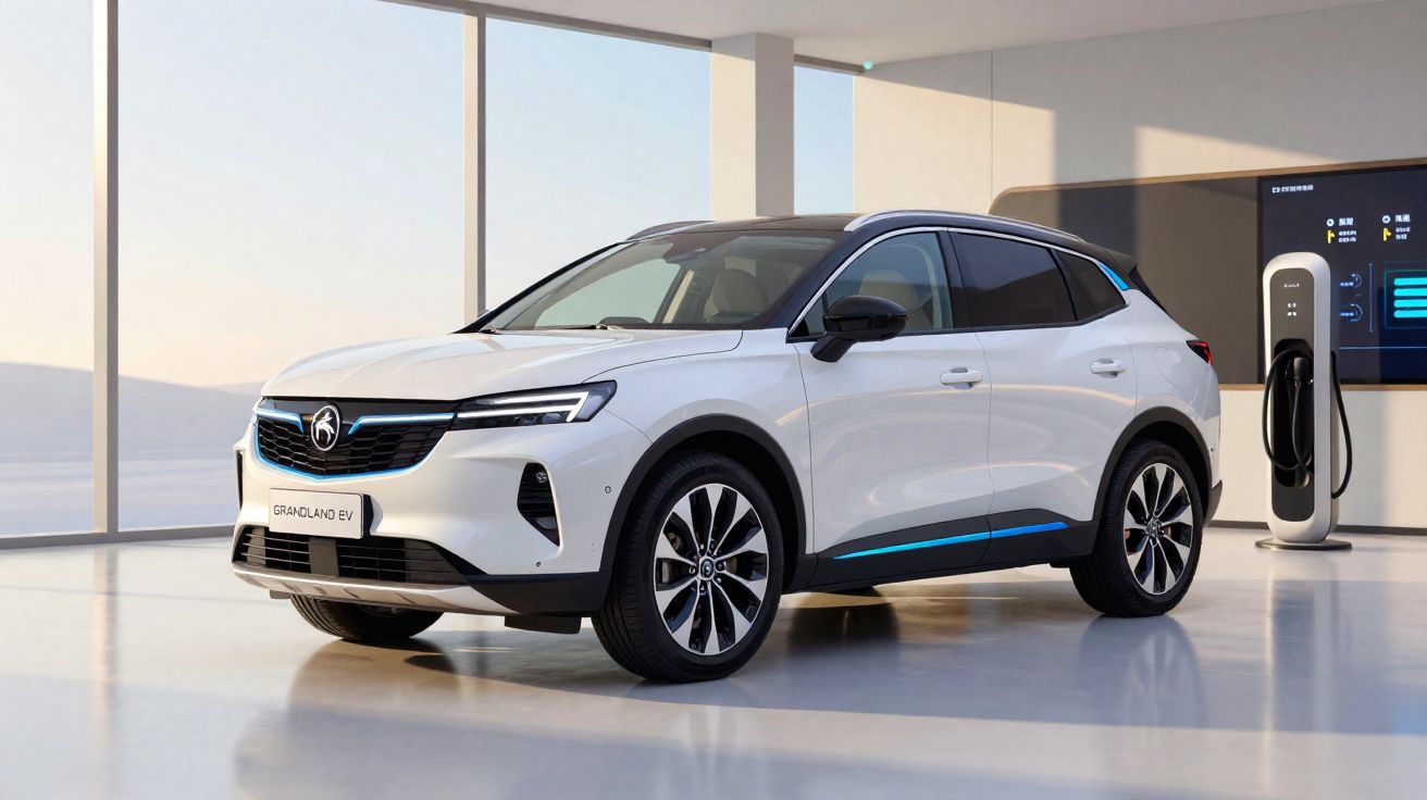 SUV électrique blanc Grandland EV garé près d'une borne de recharge dans un espace lumineux et moderne.