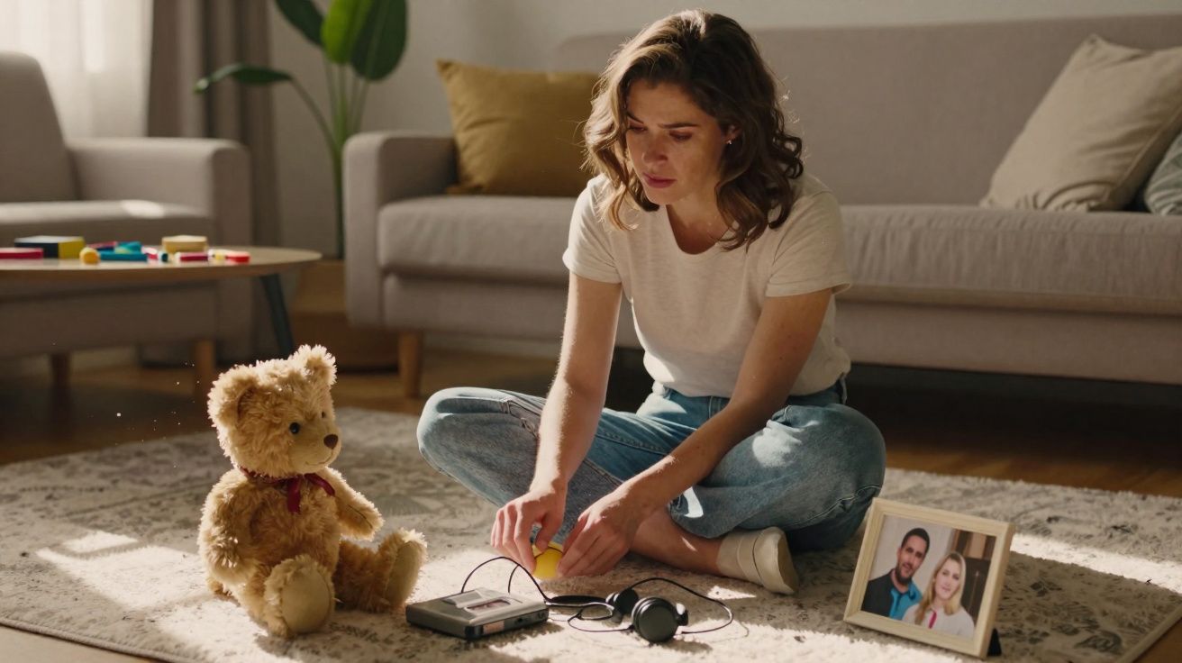 Femme assise par terre, triste, entourée d'un ours en peluche, d'un cadre photo et d'un lecteur cassette audio.