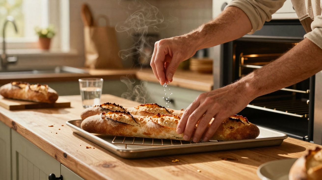 Des mains saupoudrant du sel sur une baguette fraîchement sortie du four dans une cuisine lumineuse.