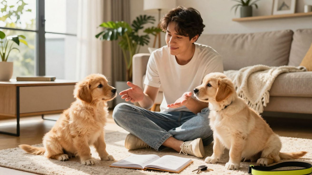 Jeune homme assis sur un tapis avec deux chiots golden retriever dans un salon lumineux.