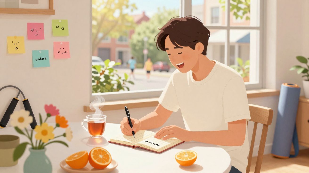 Jeune homme souriant écrivant dans un carnet près d’une fenêtre avec thé chaud et oranges découpées sur la table.