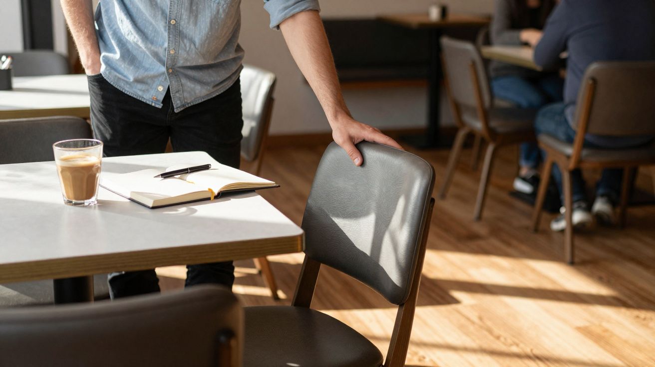 Personne saisissant une chaise dans un café avec un carnet ouvert et un verre sur la table.