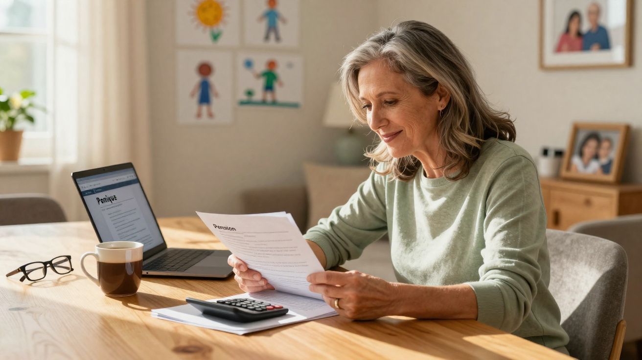 Femme souriante assise à une table en bois, lisant des documents avec un ordinateur portable, une tasse et une calculatrice.
