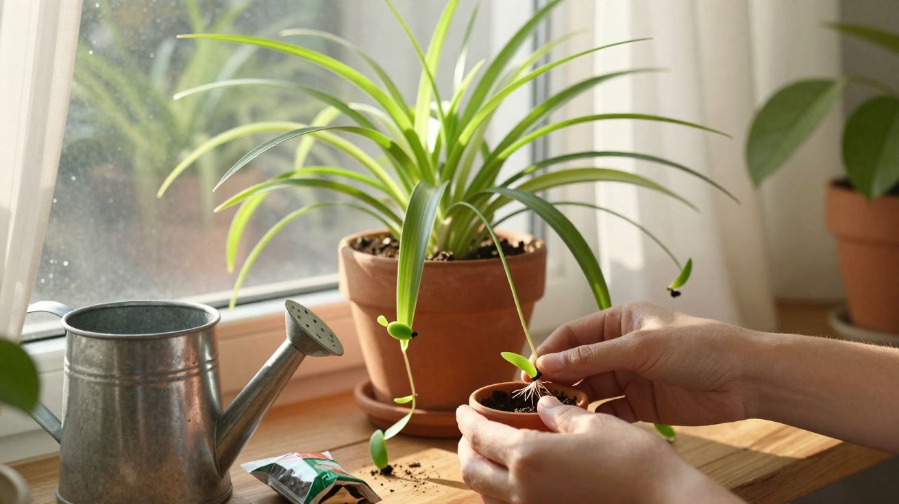 Main replantant une jeune pousse de plante verte près d’une fenêtre avec un arrosoir en métal à côté.