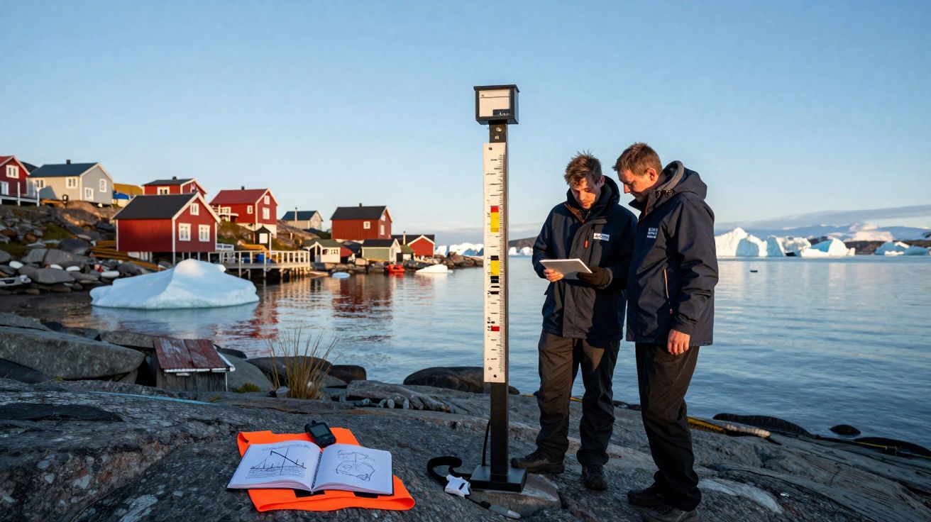 Deux personnes en anoraks observent un appareil de mesure au bord d’un lac avec maisons rouges et icebergs.