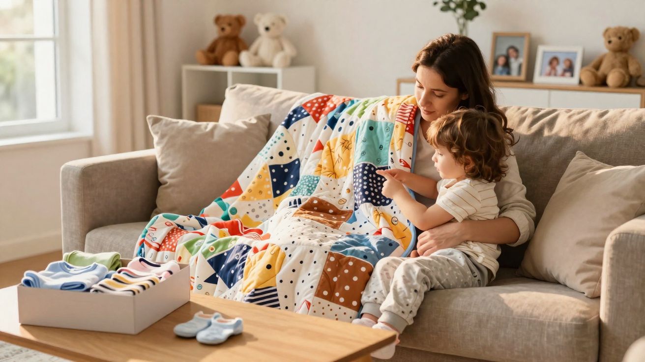 Une mère et son enfant assis sur un canapé, recouverts d'un plaid coloré, dans un salon lumineux.