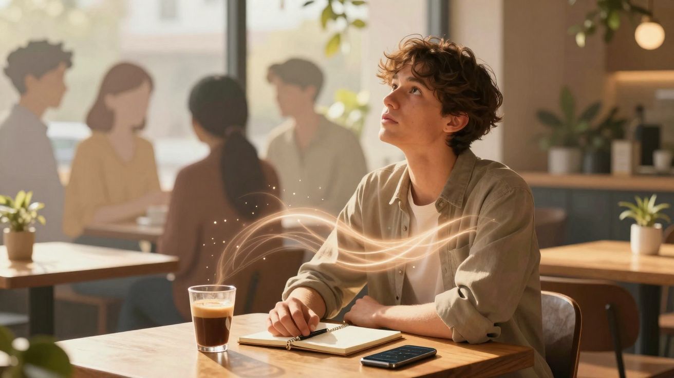 Jeune homme pensif à une table de café avec un carnet, un verre de café et un téléphone portable.