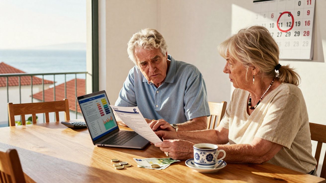 Couple senior examinant des documents financiers autour d'une table avec un ordinateur portable et de l'argent.