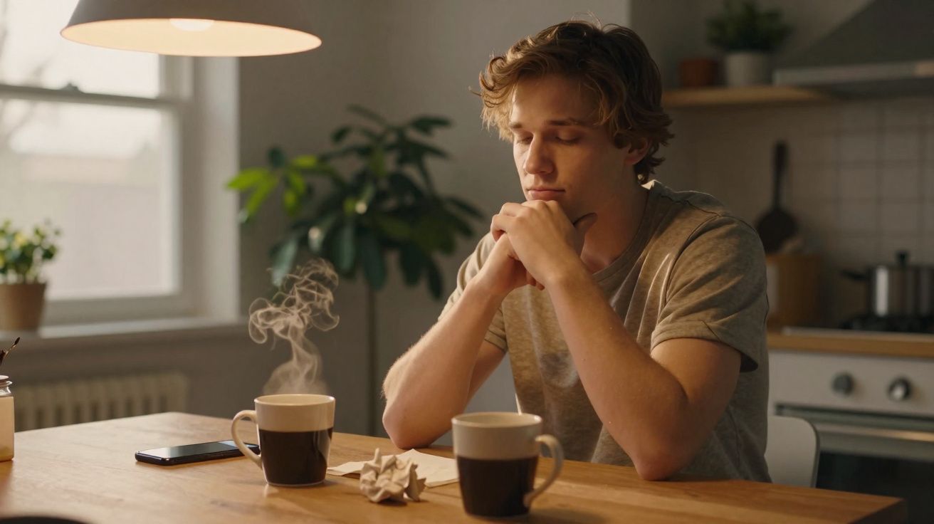 Jeune homme pensif avec les yeux fermés assis à une table en bois avec deux tasses de café fumant.