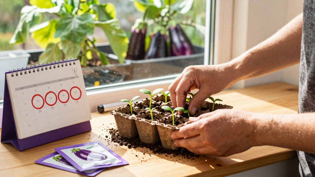 Mains plantant des pousses dans des godets avec calendrier marqué et sachets de graines d’aubergine.